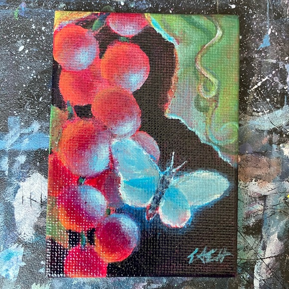 ⭕️ SOLD Original painting blue butterfly purple grapes artwork artist direct - Picture 3 of 6